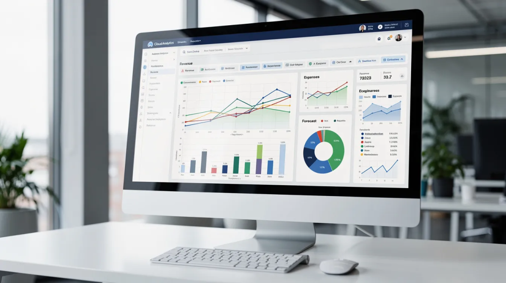 Financial dashboard with charts displayed on a monitor in an office
