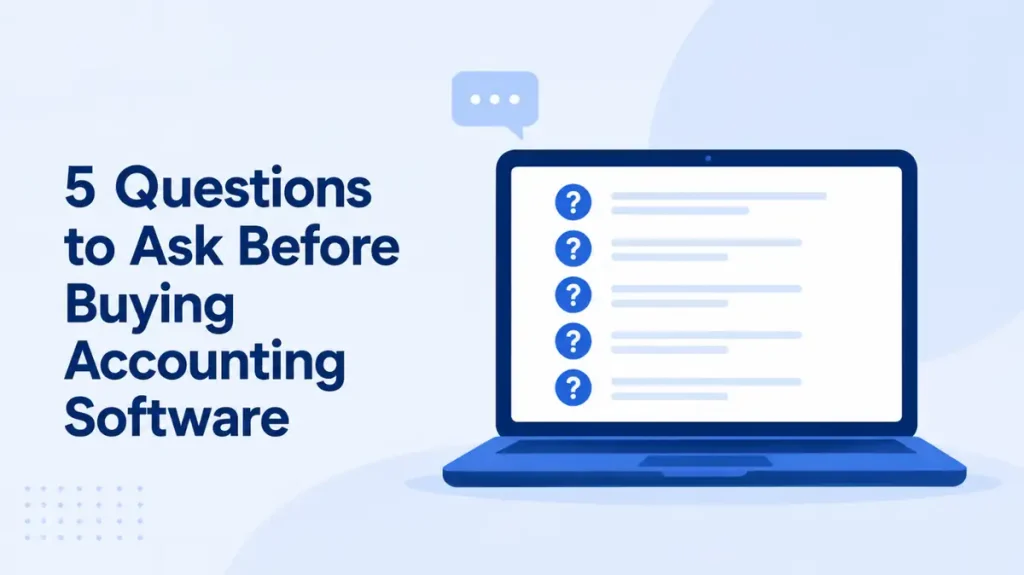 Illustration of a laptop showing five question marks beside a list, titled 5 Questions to Ask Before Buying Accounting Software