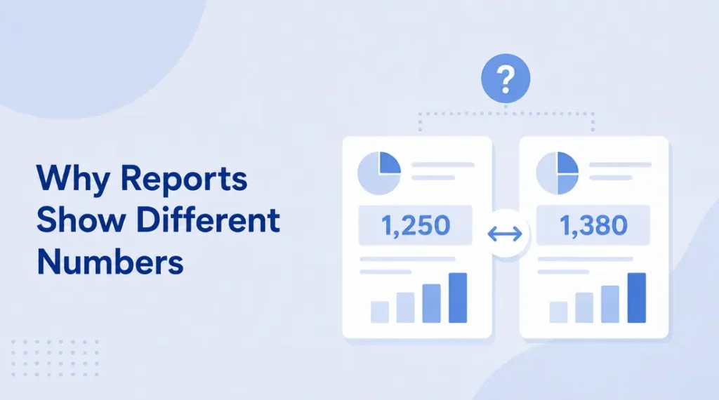 Illustration of two reports showing different totals with a question mark between them, titled Why Reports Show Different Numbers