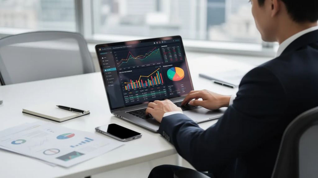 Finance professional reviewing charts on a laptop at a desk