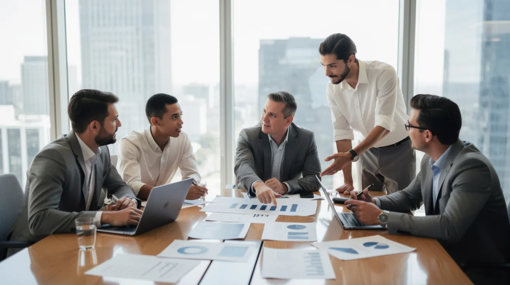 Business team discussing documents around a conference table