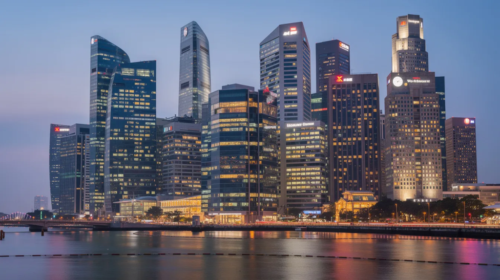 Singapore central business district skyline at dusk