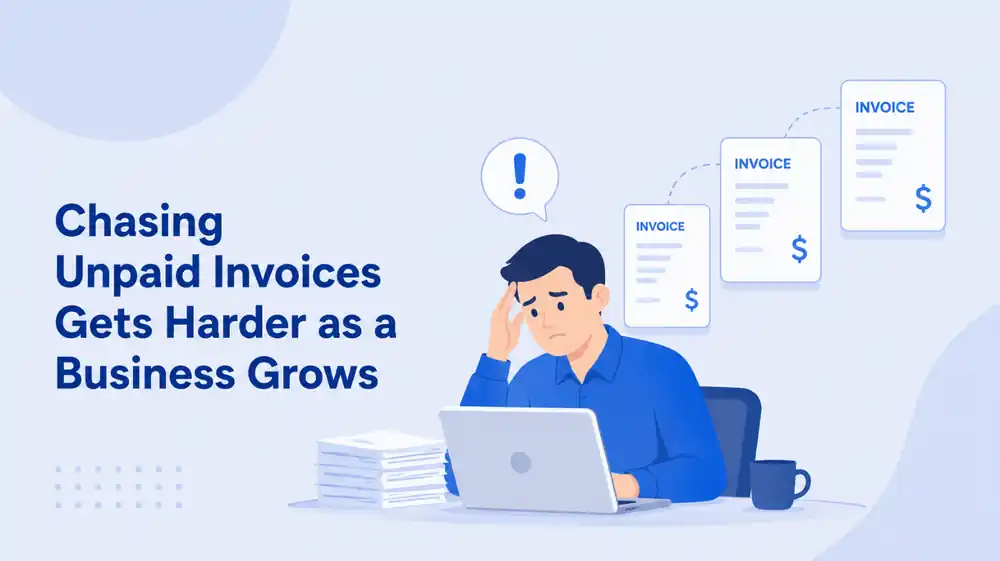 Illustration of a person reviewing overdue invoices at a laptop