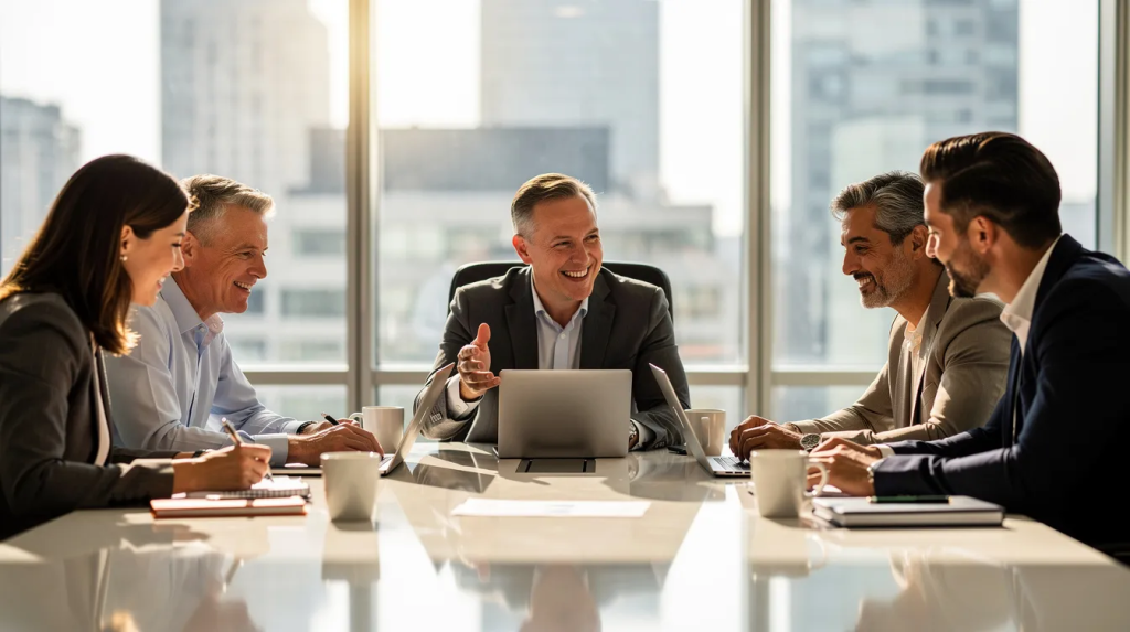 Business leaders discussing results around a boardroom table