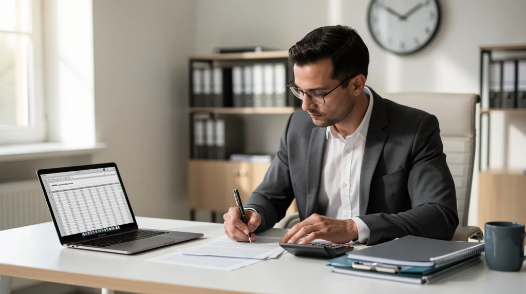 In-house accountant reviewing figures at a desk with a spreadsheet open on a laptop