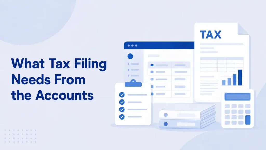 Illustration of a tax return alongside ledger records, a checklist and a calculator