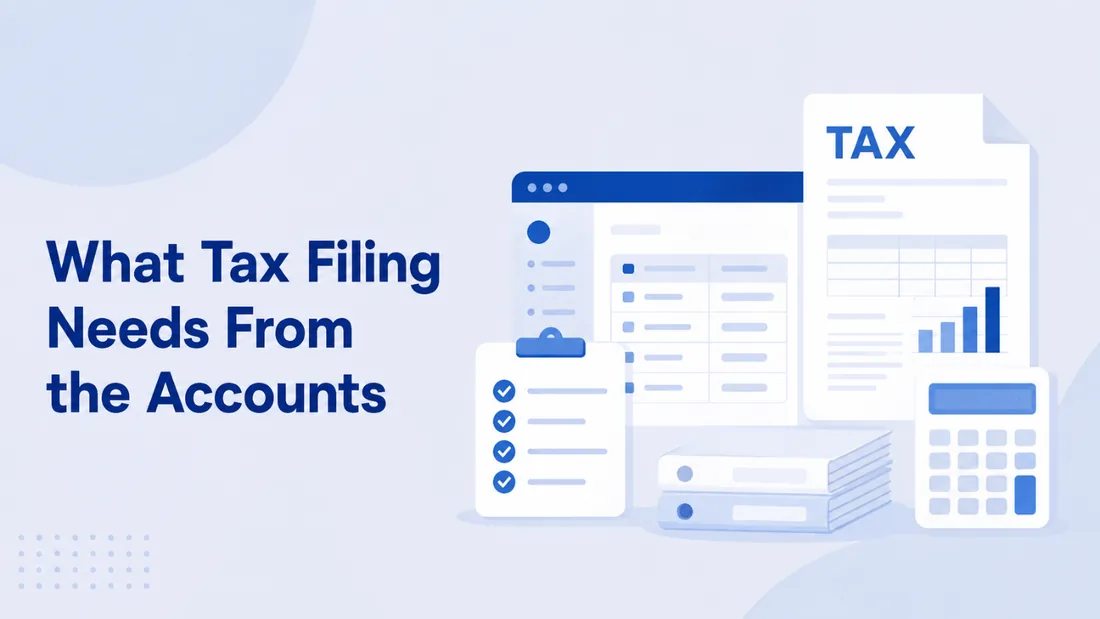 Illustration of a tax return alongside ledger records, a checklist and a calculator